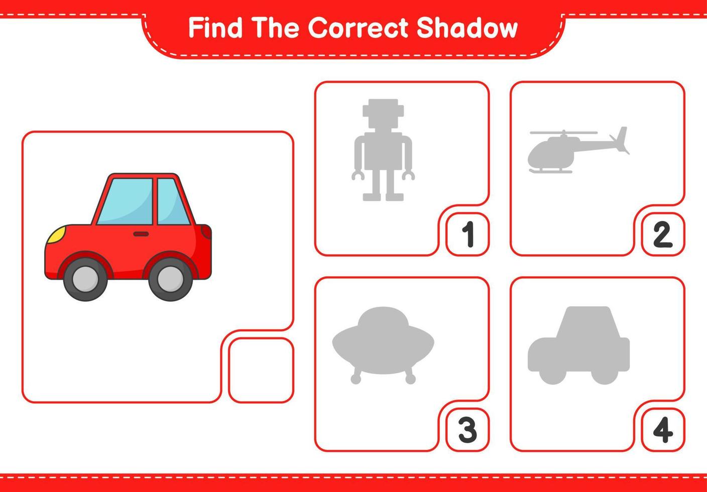 encontrar la sombra correcta. encontrar y hacer coincidir la sombra correcta del coche. juego educativo para niños, hoja de cálculo imprimible, ilustración vectorial vector