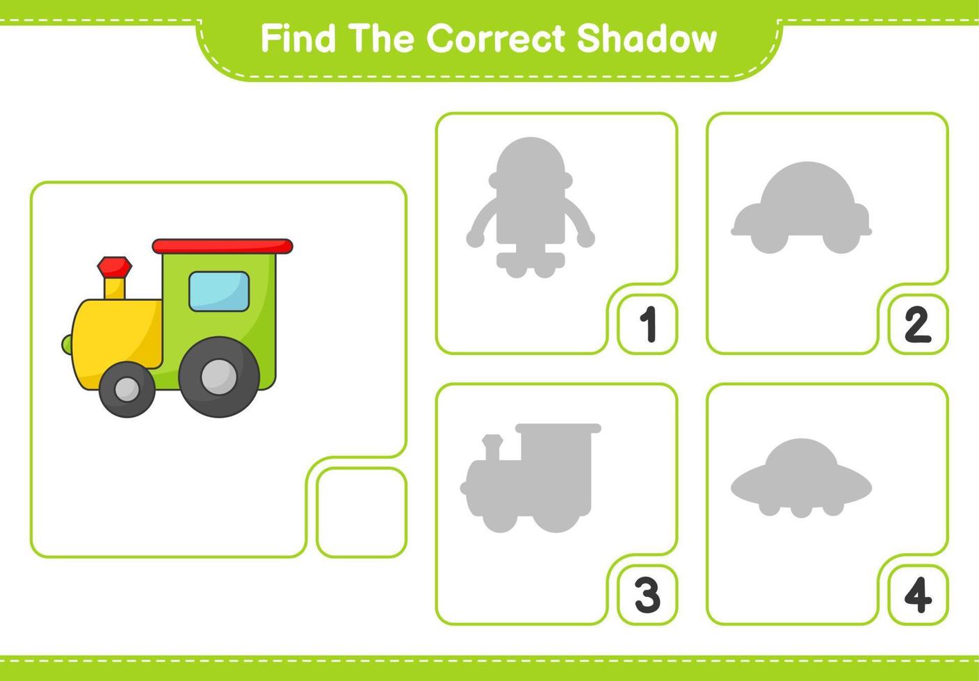 encontrar la sombra correcta. encuentra y combina la sombra correcta del tren. juego educativo para niños, hoja de cálculo imprimible, ilustración vectorial vector