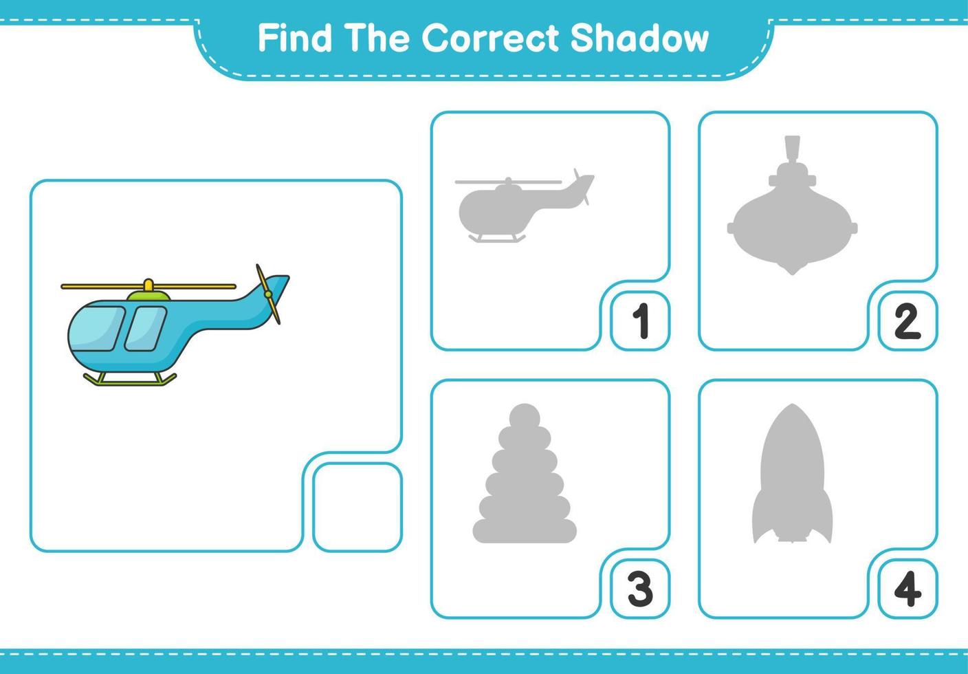 Find the correct shadow. Find and match the correct shadow of Helicopter. Educational children game, printable worksheet, vector illustration