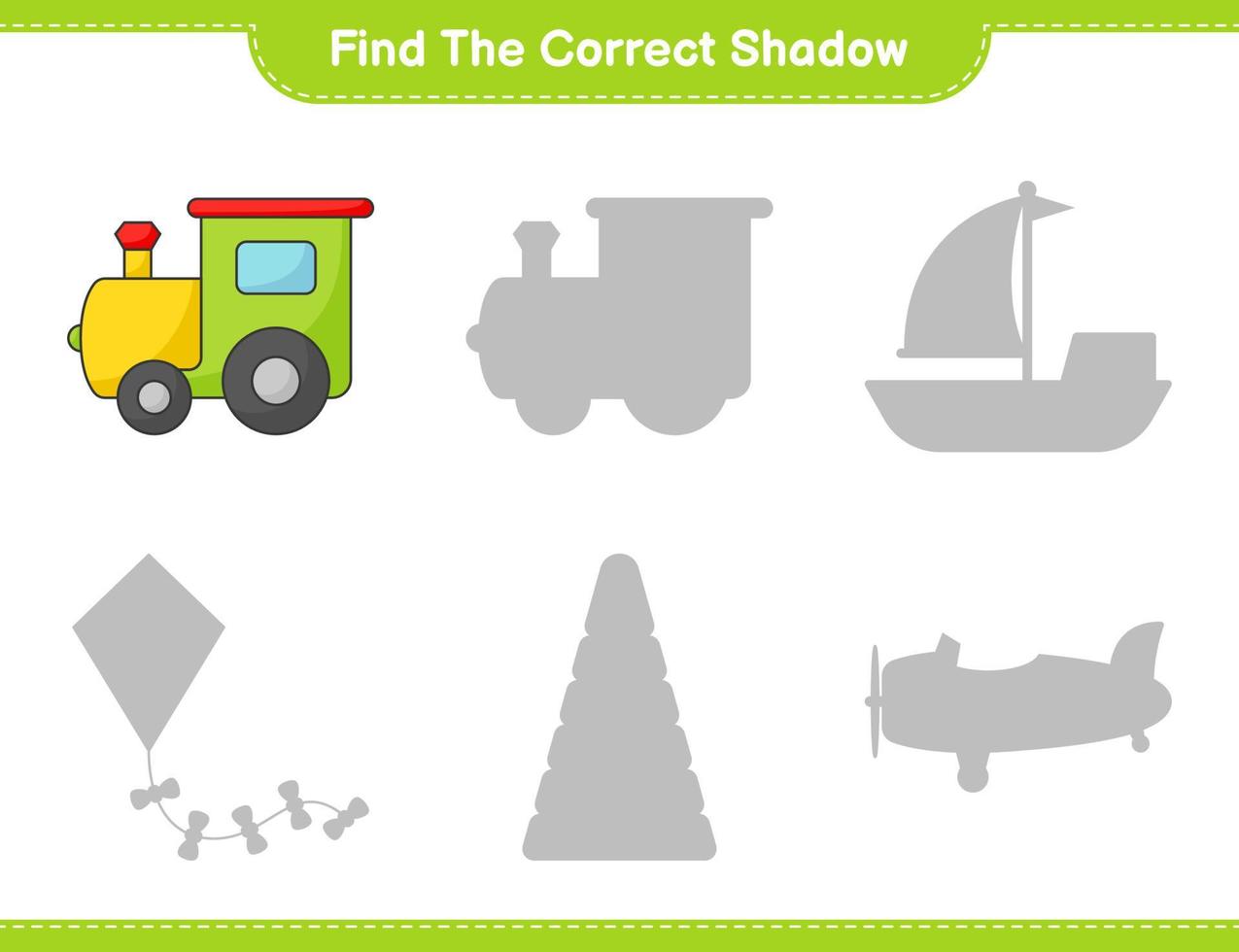 Find the correct shadow. Find and match the correct shadow of Train. Educational children game, printable worksheet, vector illustration