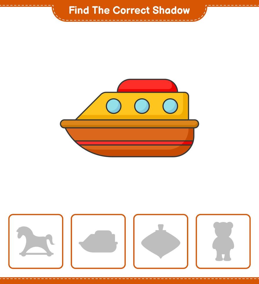 Find the correct shadow. Find and match the correct shadow of Boat. Educational children game, printable worksheet, vector illustration