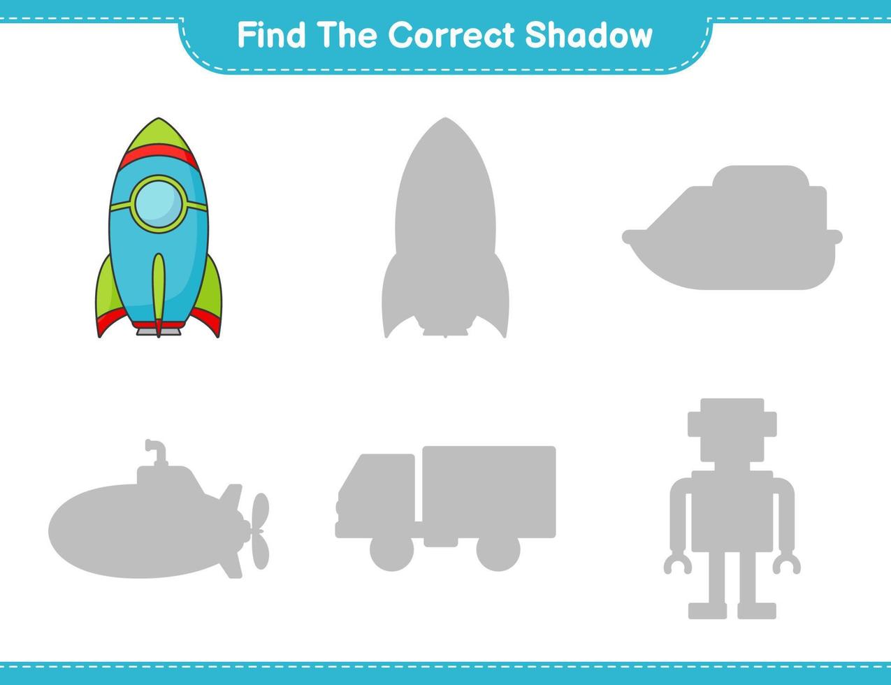 encontrar la sombra correcta. encuentra y combina la sombra correcta del cohete. juego educativo para niños, hoja de cálculo imprimible, ilustración vectorial vector