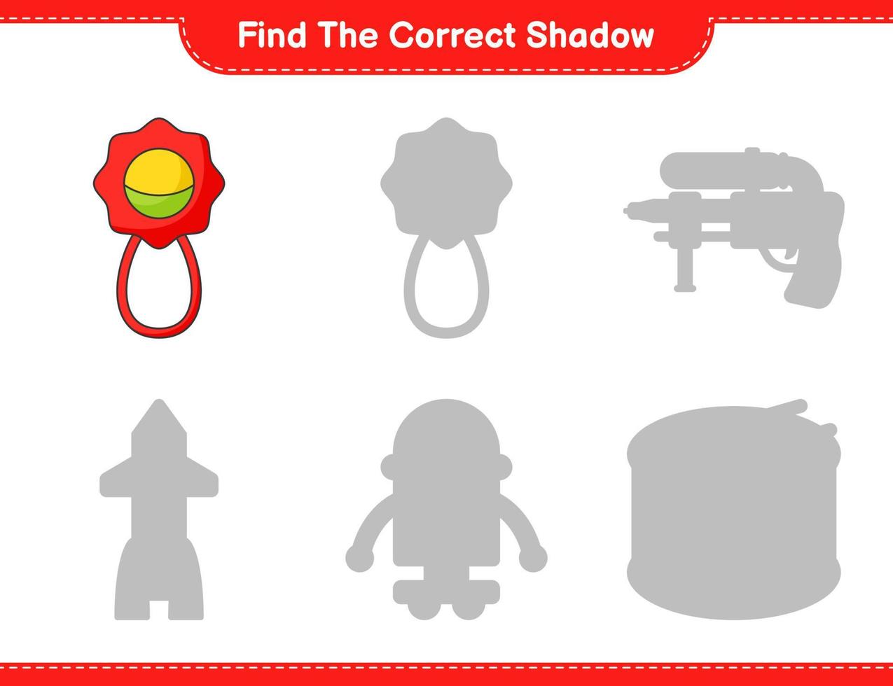 Find the correct shadow. Find and match the correct shadow of Baby Rattle. Educational children game, printable worksheet, vector illustration