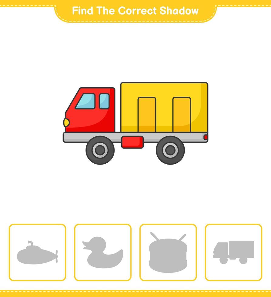 Find the correct shadow. Find and match the correct shadow of Lorry. Educational children game, printable worksheet, vector illustration