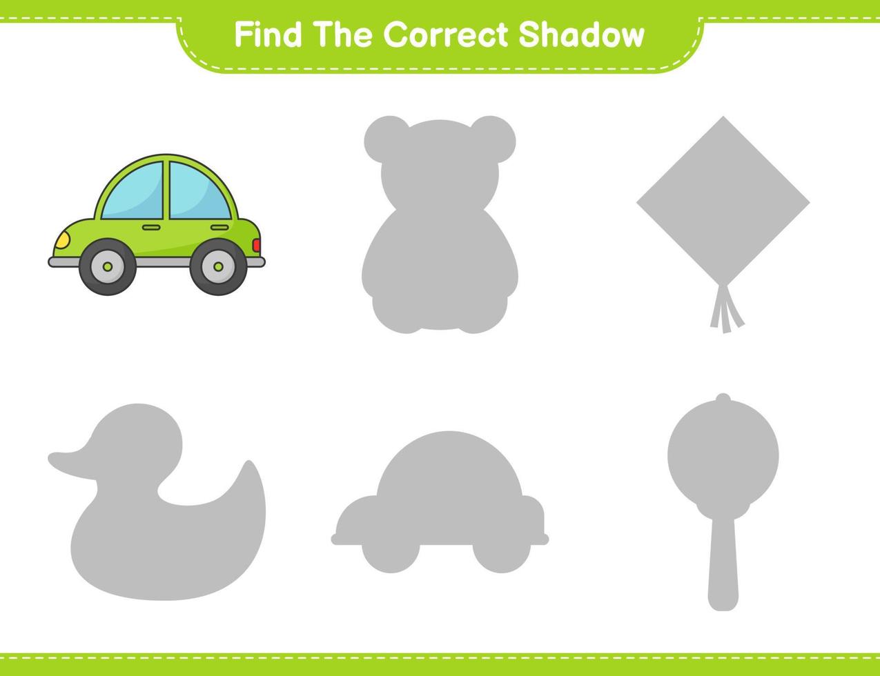 encontrar la sombra correcta. encontrar y hacer coincidir la sombra correcta del coche. juego educativo para niños, hoja de cálculo imprimible, ilustración vectorial vector