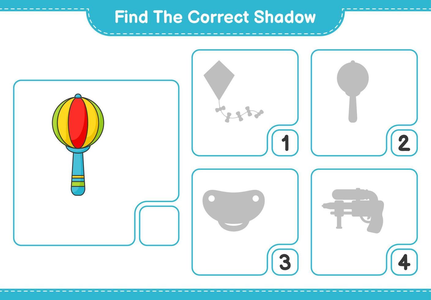 encontrar la sombra correcta. encuentra y combina la sombra correcta del sonajero. juego educativo para niños, hoja de cálculo imprimible, ilustración vectorial vector