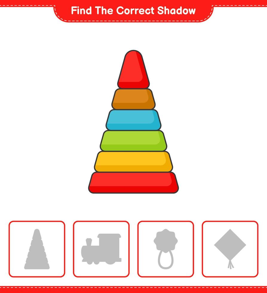 Find the correct shadow. Find and match the correct shadow of Pyramid Toy. Educational children game, printable worksheet, vector illustration