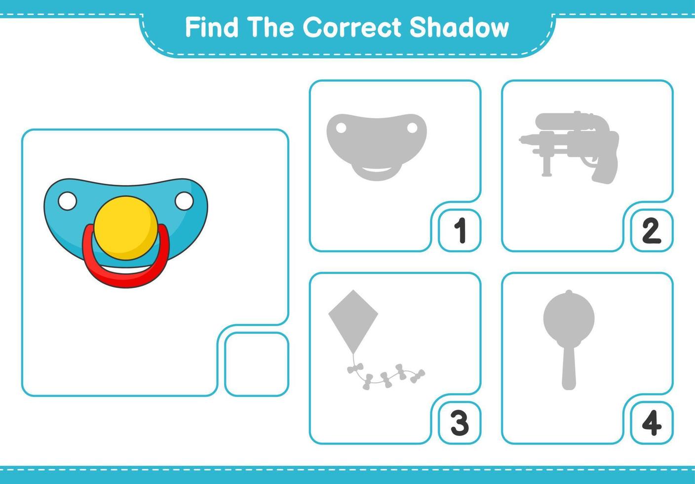 Find the correct shadow. Find and match the correct shadow of Pacifier. Educational children game, printable worksheet, vector illustration