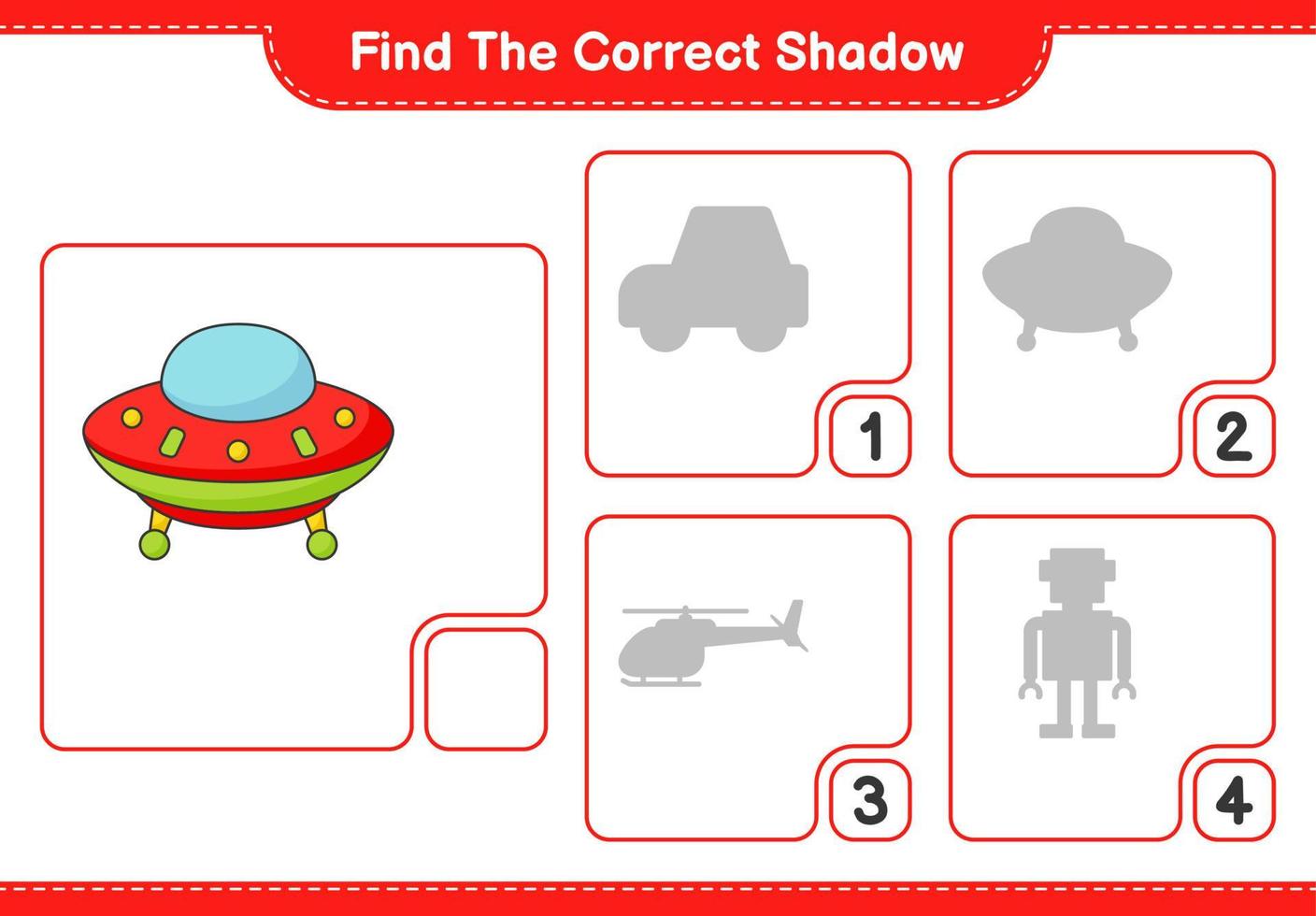 Find the correct shadow. Find and match the correct shadow of Ufo. Educational children game, printable worksheet, vector illustration