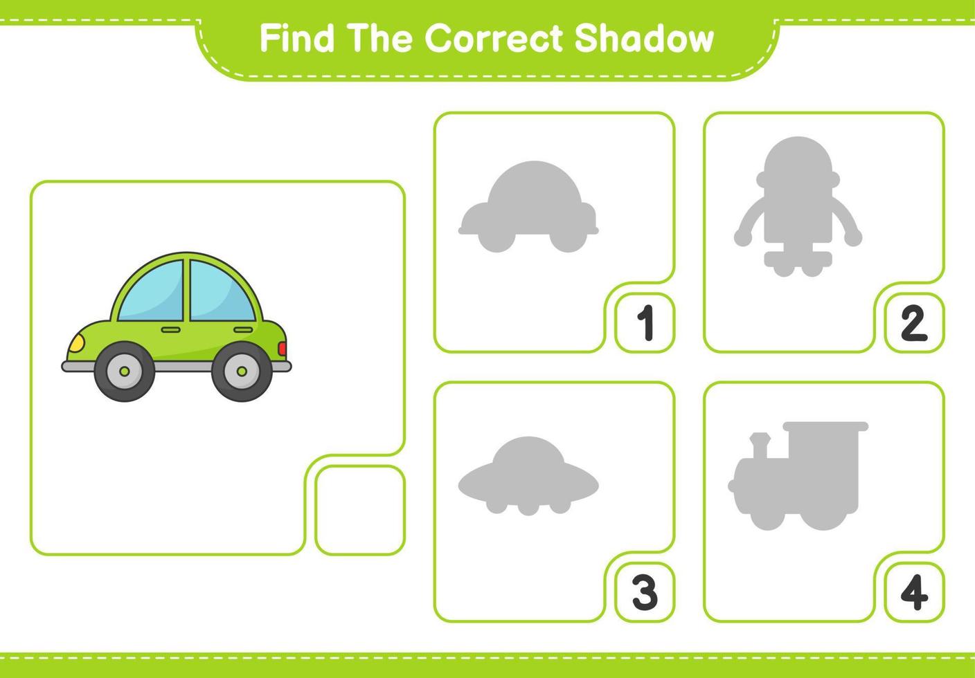 Find the correct shadow. Find and match the correct shadow of Car. Educational children game, printable worksheet, vector illustration