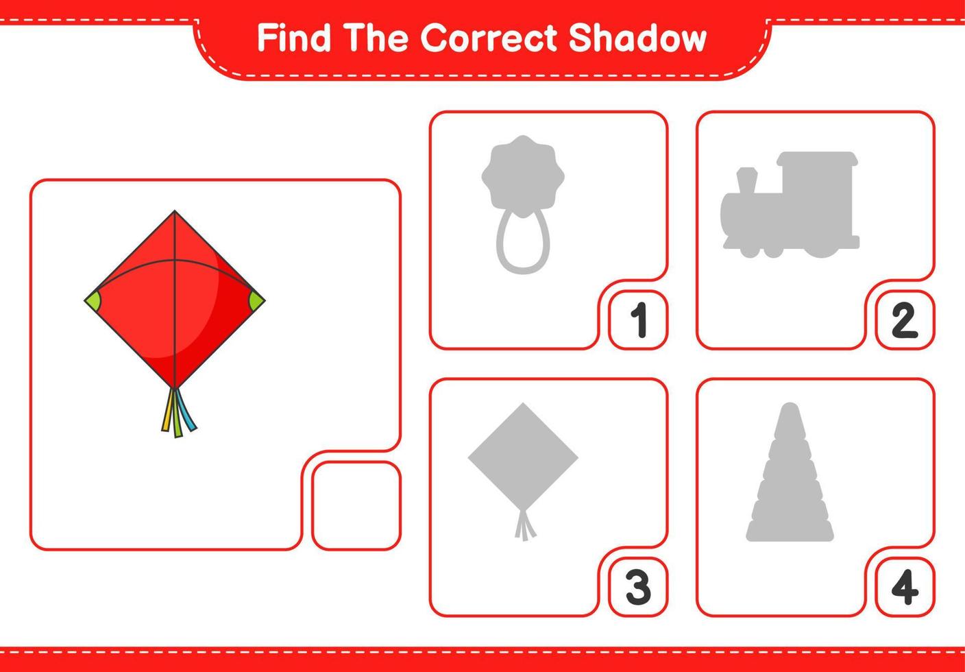 encontrar la sombra correcta. encuentra y combina la sombra correcta de la cometa. juego educativo para niños, hoja de cálculo imprimible, ilustración vectorial vector