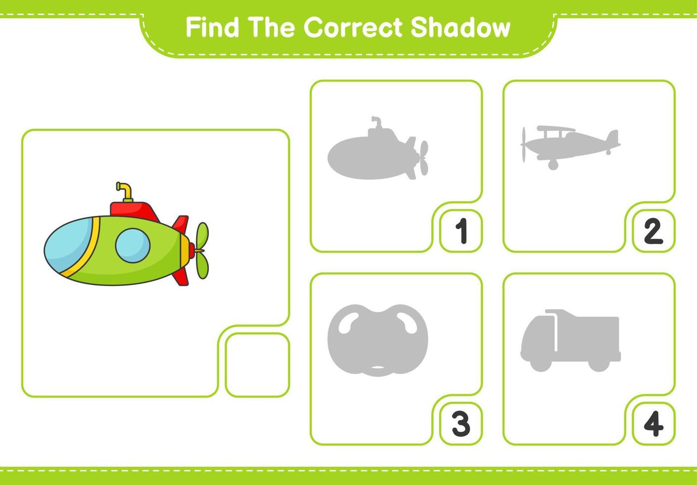 Find the correct shadow. Find and match the correct shadow of Submarine. Educational children game, printable worksheet, vector illustration