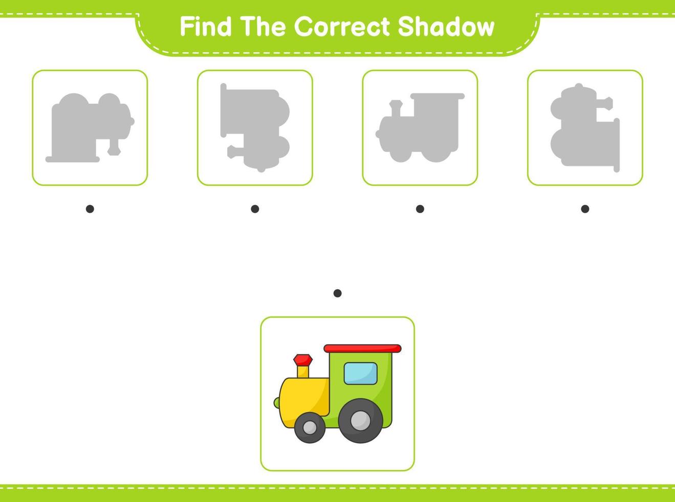 Find the correct shadow. Find and match the correct shadow of Train. Educational children game, printable worksheet, vector illustration