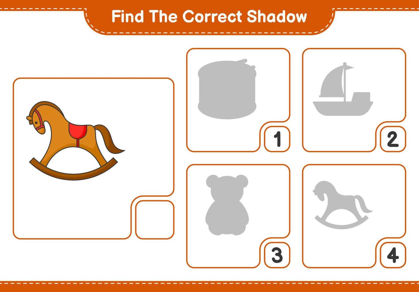 Find the correct shadow. Find and match the correct shadow of Rocking Horse. Educational children game, printable worksheet, vector illustration