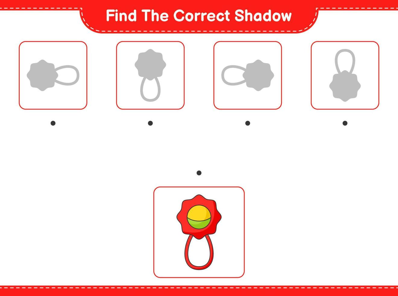 encontrar la sombra correcta. encuentra y combina la sombra correcta del sonajero. juego educativo para niños, hoja de cálculo imprimible, ilustración vectorial vector