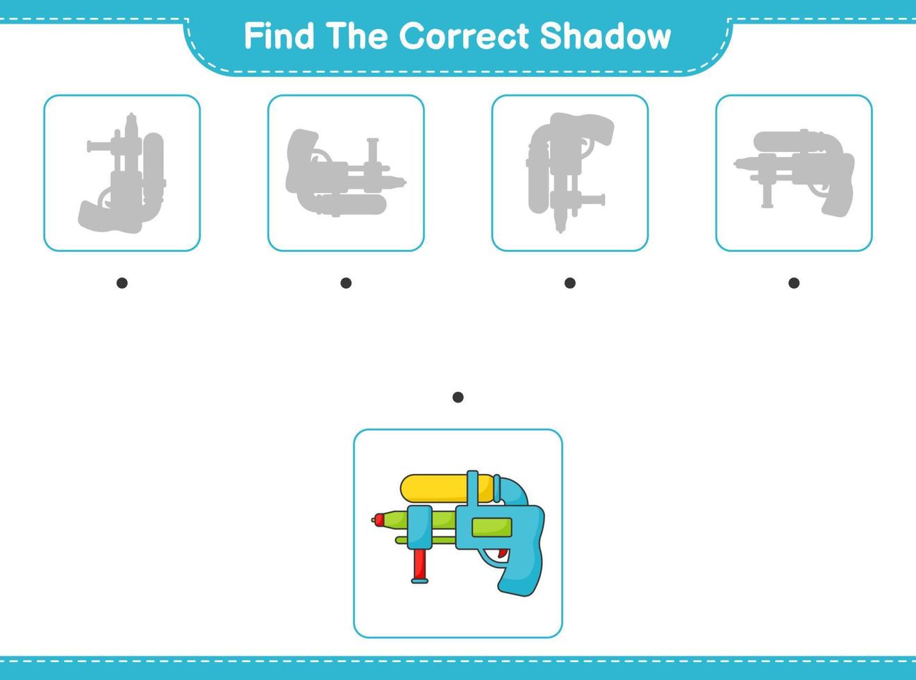 Find the correct shadow. Find and match the correct shadow of Water Gun. Educational children game, printable worksheet, vector illustration