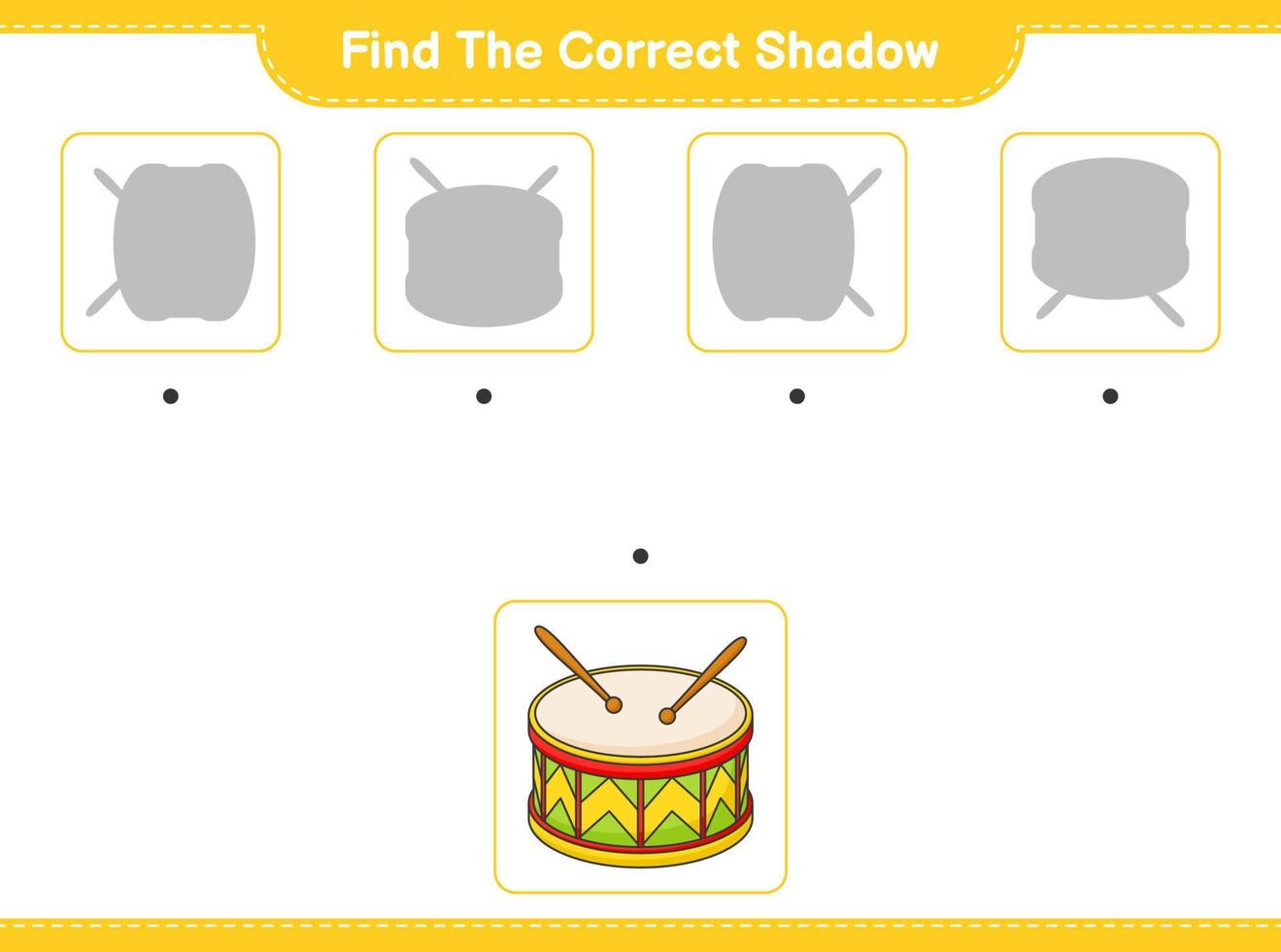 Find the correct shadow. Find and match the correct shadow of Drum. Educational children game, printable worksheet, vector illustration