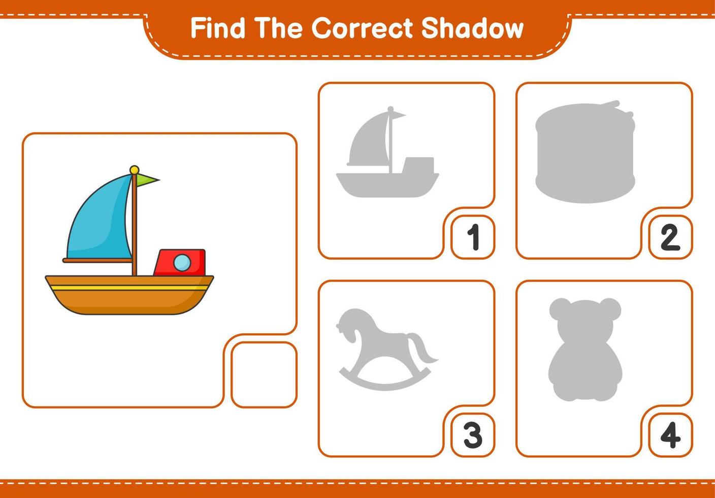 Find the correct shadow. Find and match the correct shadow of Boat. Educational children game, printable worksheet, vector illustration