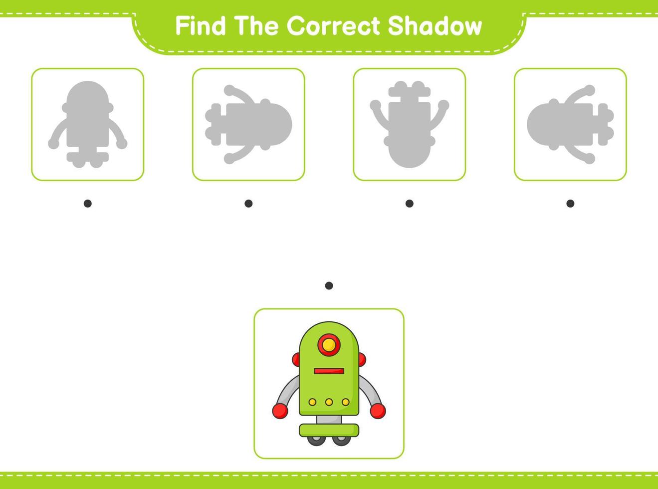 Find the correct shadow. Find and match the correct shadow of Robot Character. Educational children game, printable worksheet, vector illustration