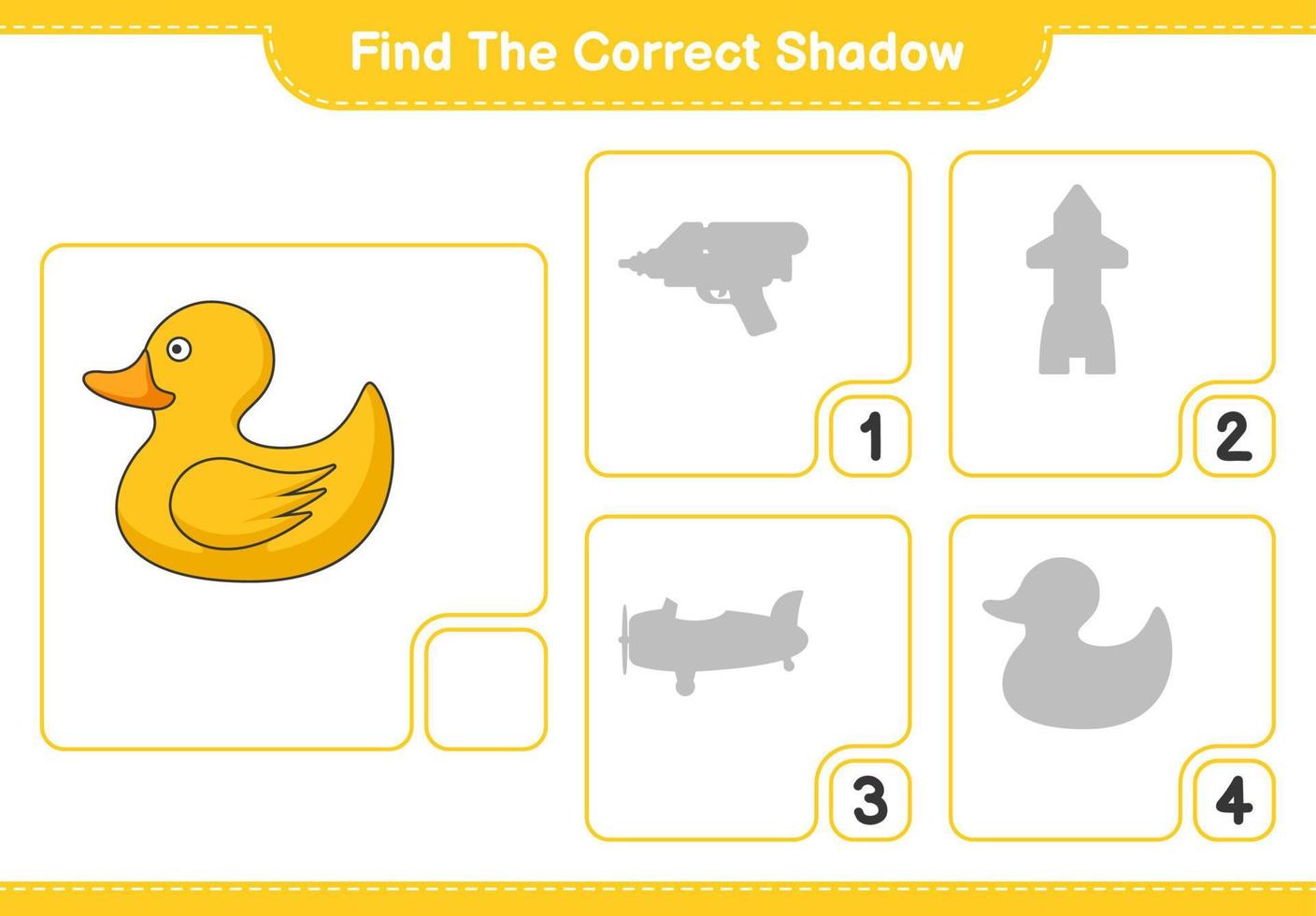 Find the correct shadow. Find and match the correct shadow of Rubber Duck. Educational children game, printable worksheet, vector illustration