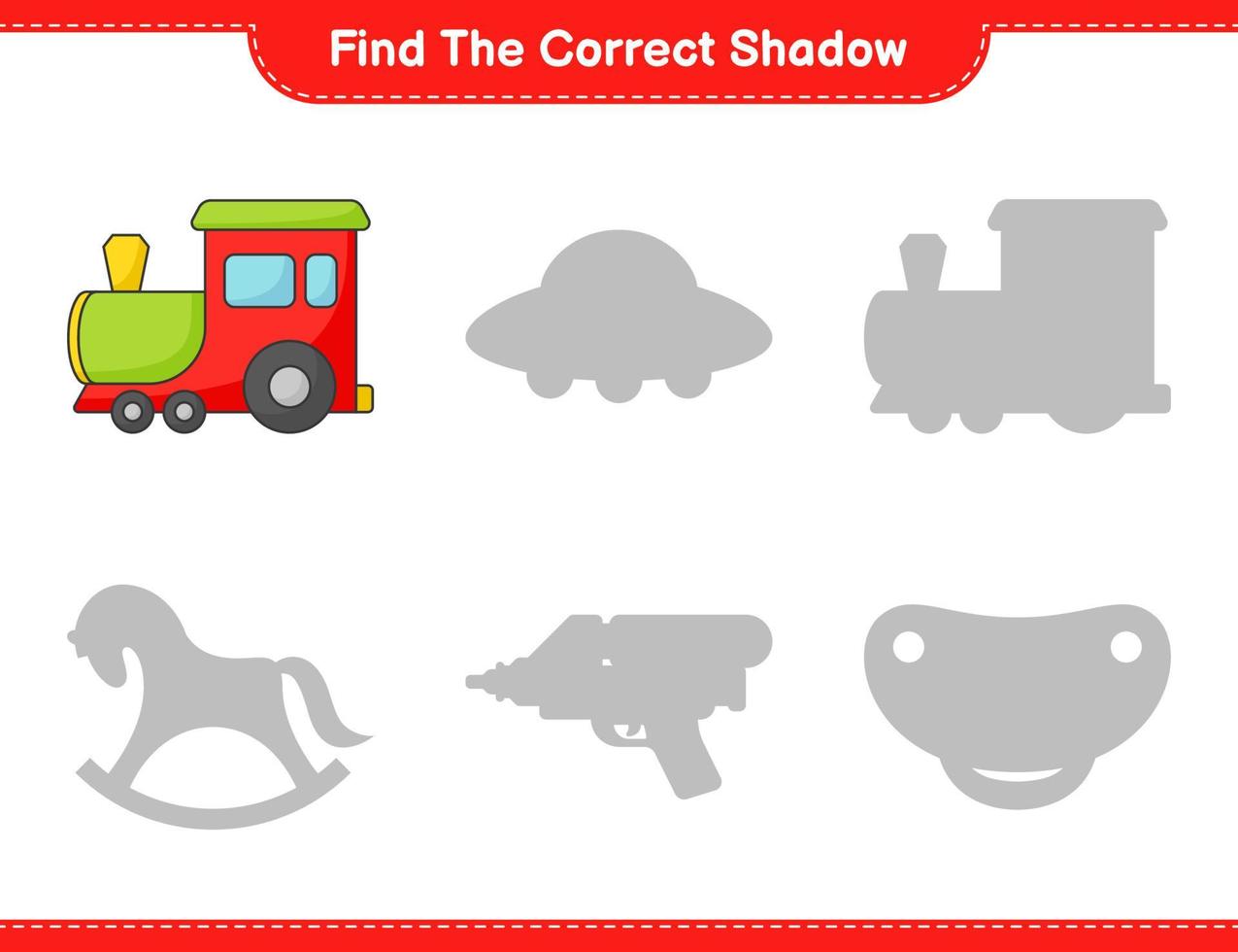 encontrar la sombra correcta. encuentra y combina la sombra correcta del tren. juego educativo para niños, hoja de cálculo imprimible, ilustración vectorial vector