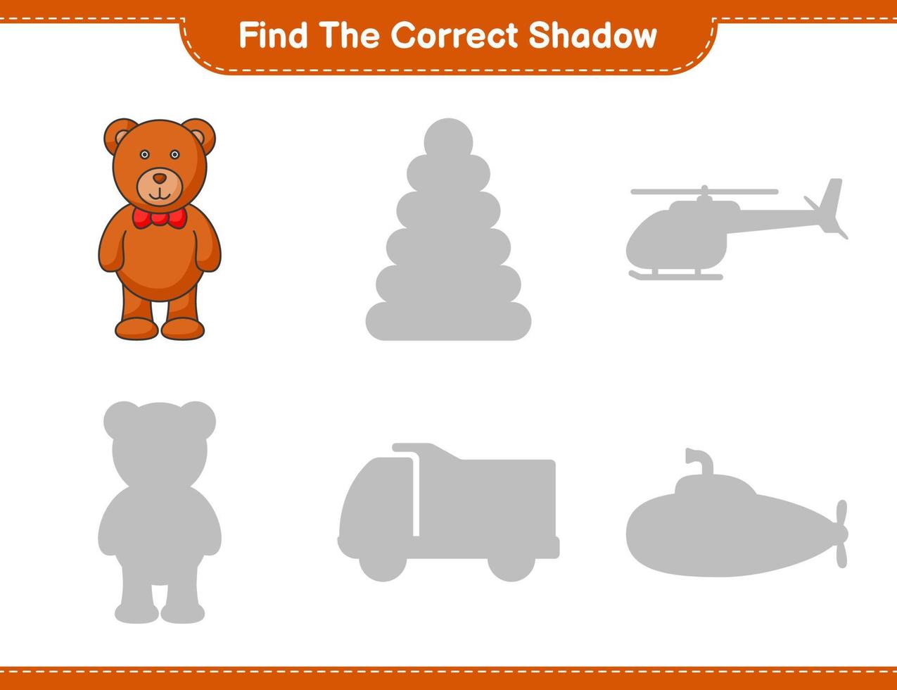 encontrar la sombra correcta. encuentra y combina la sombra correcta del oso de peluche. juego educativo para niños, hoja de cálculo imprimible, ilustración vectorial vector