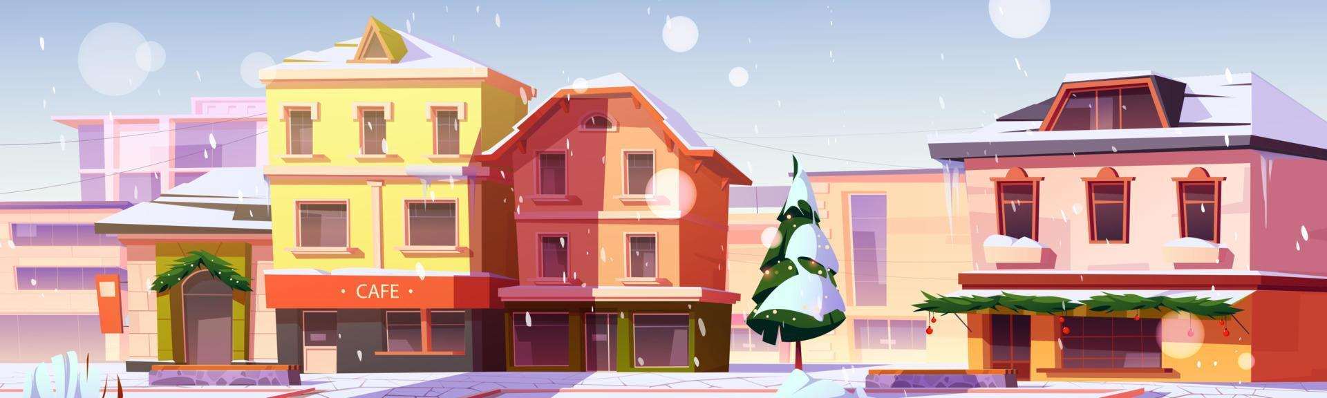 European winter street under falling snow, xmas vector