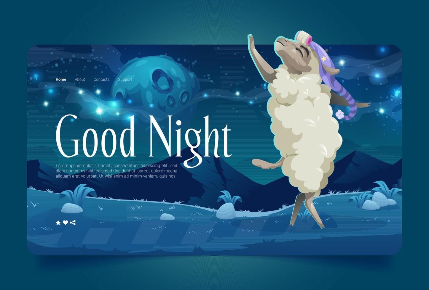 Good night cartoon landing page, lamb on meadow vector