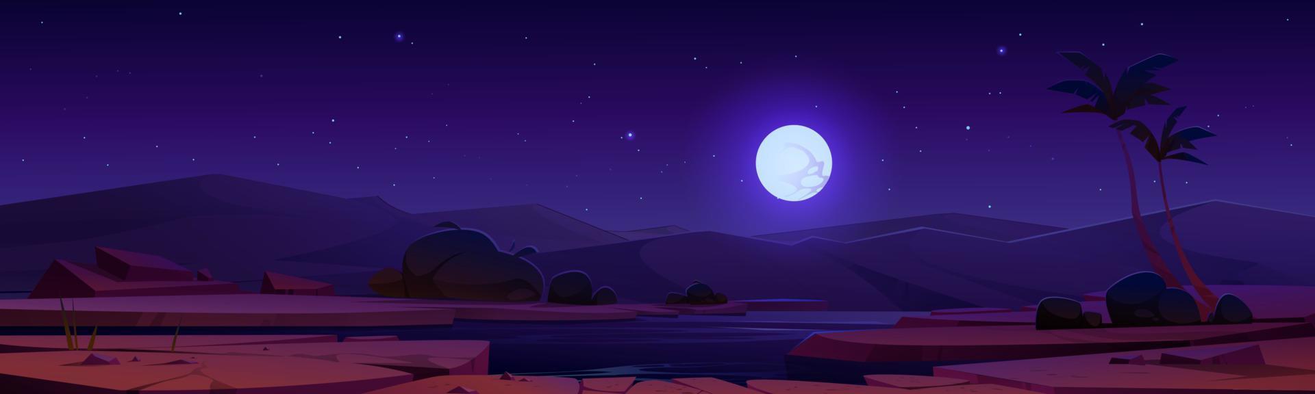 Night desert oasis under full moon starry sky vector