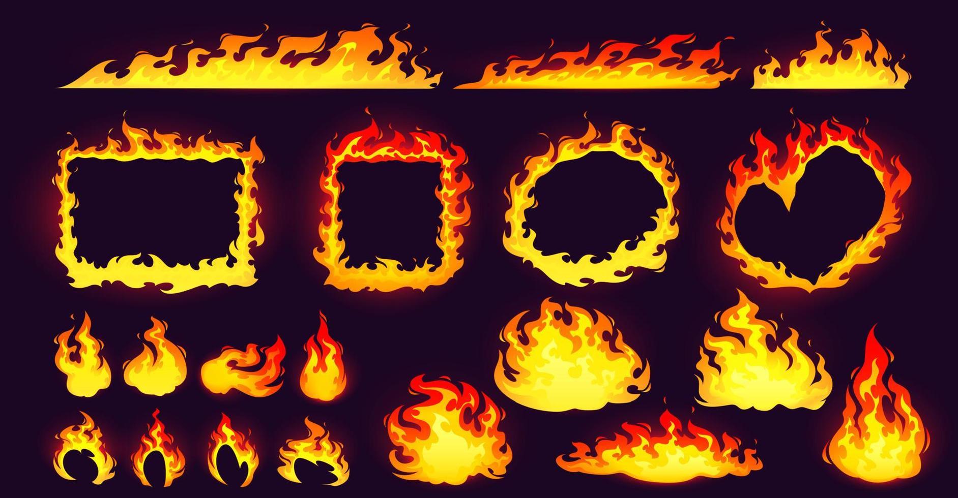 Cartoon fire frames and bonfire, blazing borders vector