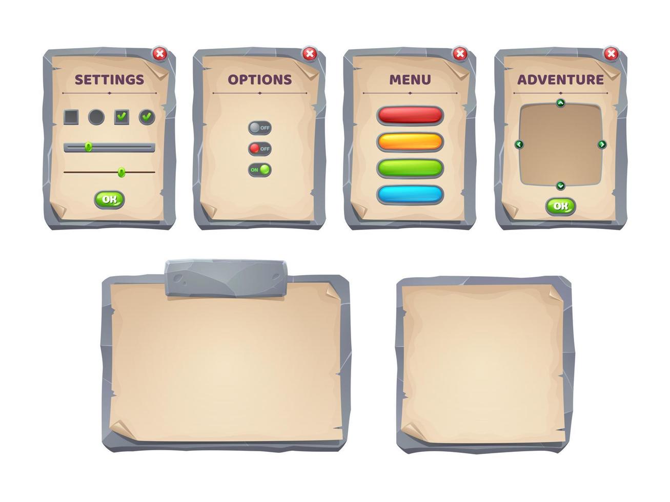 Game ui scrolls, stone boards, antique parchments vector
