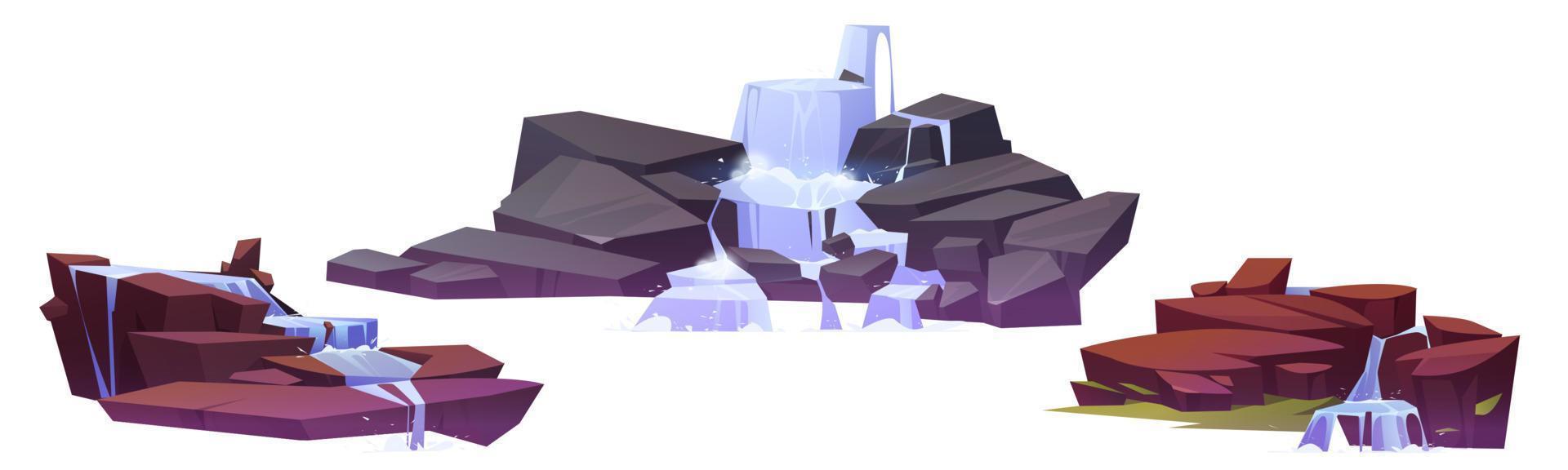 Waterfall cascades on rocks, cartoon water fall vector