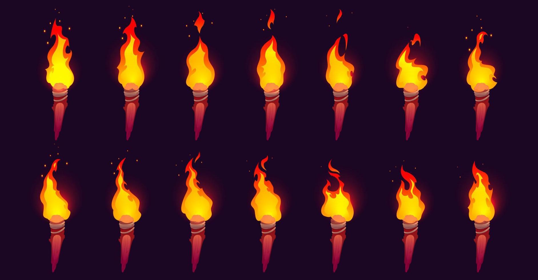 Vector set of burning fire on old wooden torch
