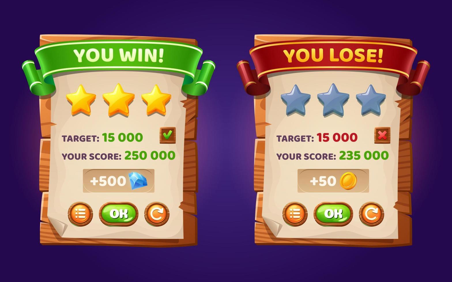 Game ui interface boards with win and lose vector