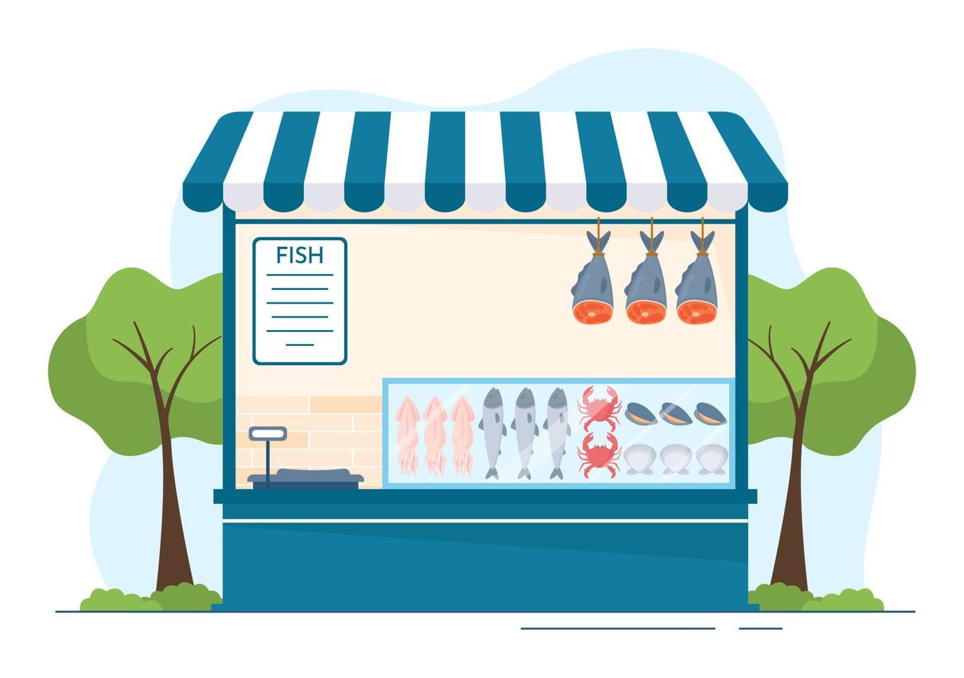 Fish Store to Market Various Fresh and Hygienic Products Seafood in Flat Cartoon Hand Drawn Templates Illustration vector