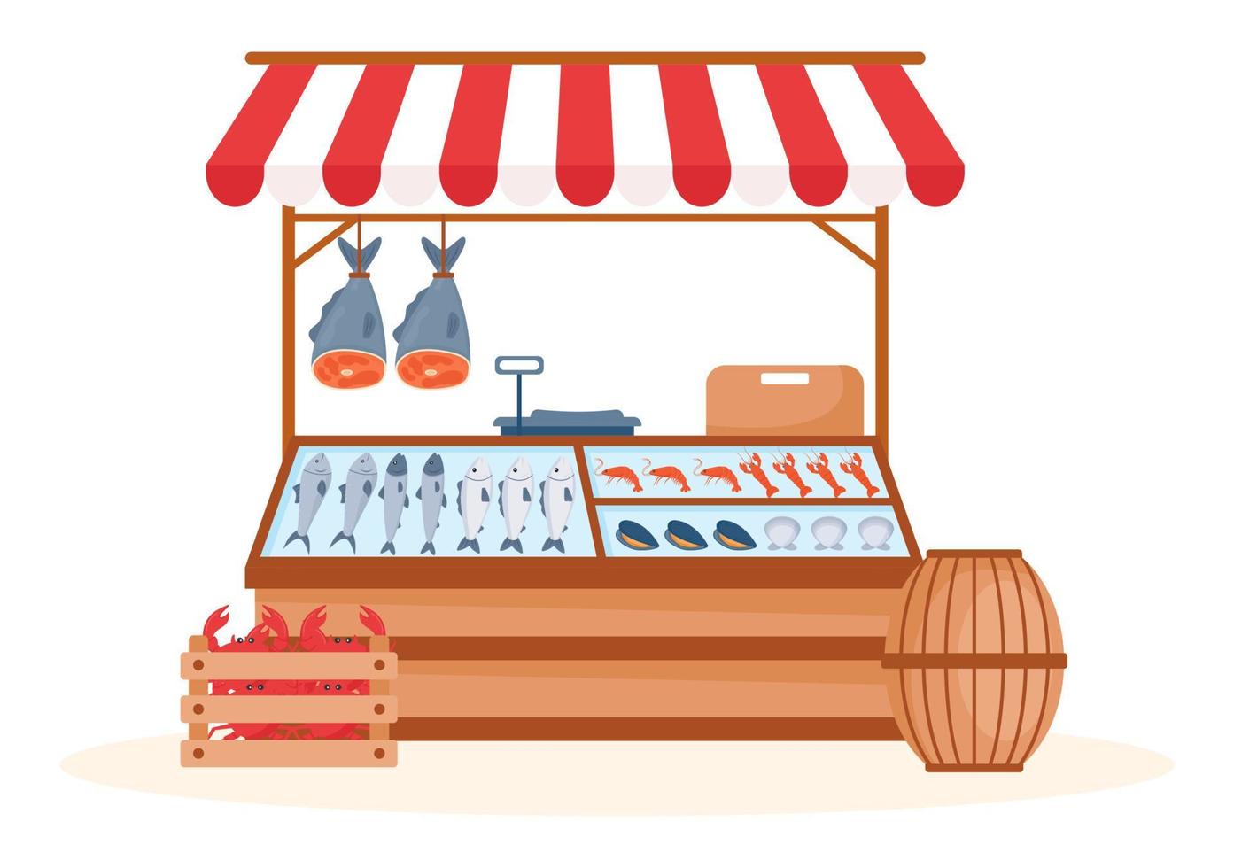 tienda de pescado para comercializar varios productos frescos e higiénicos mariscos en dibujos animados planos dibujados a mano ilustración de plantillas vector