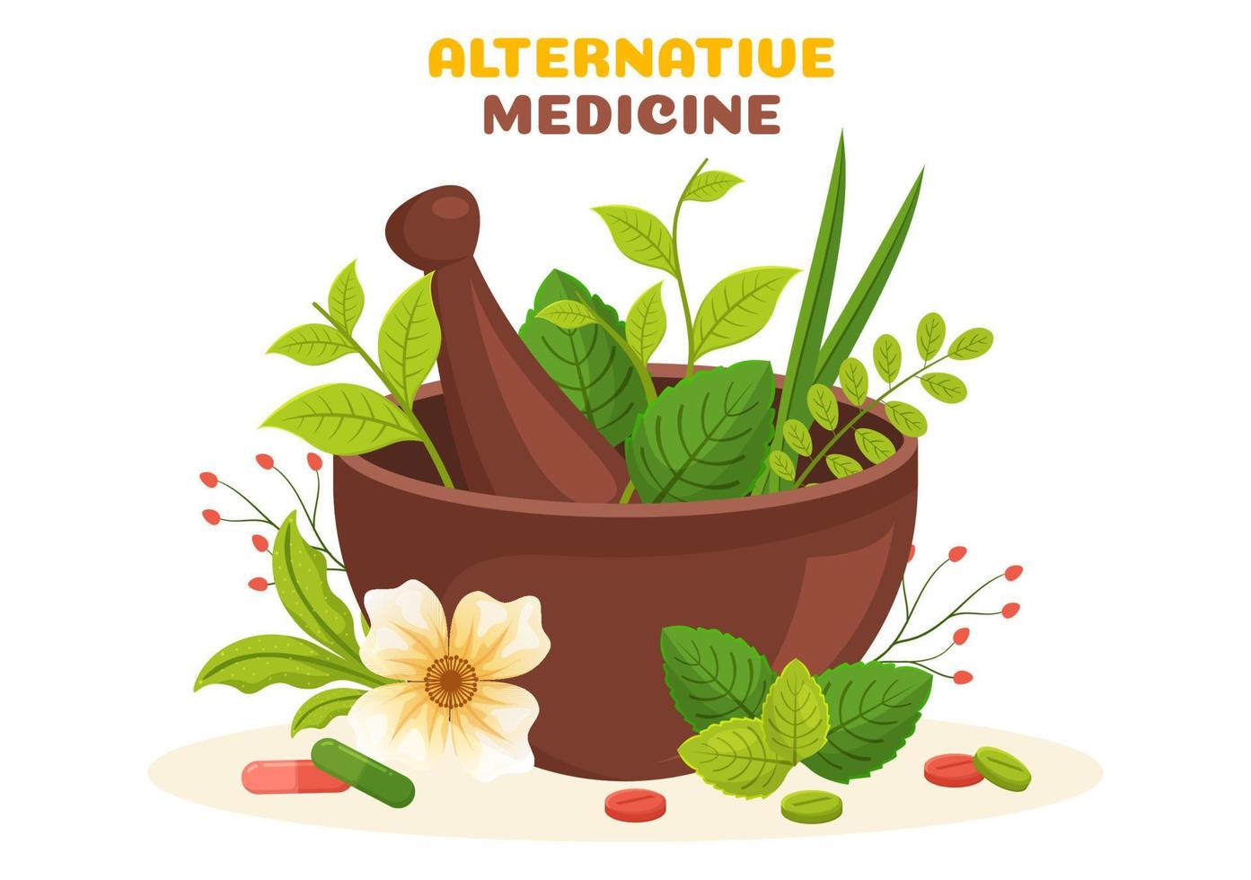 medicina alternativa o cura a base de hierbas de terapias energéticas con raíz de ginseng, aceite esencial y semillas en dibujos animados planos ilustraciones dibujadas a mano vector