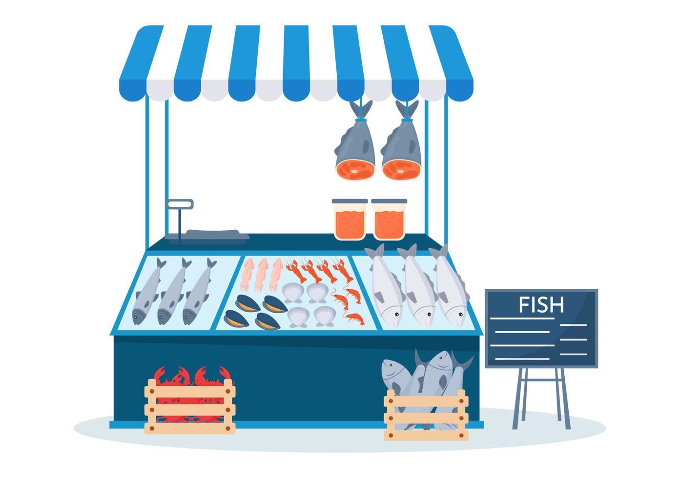 tienda de pescado para comercializar varios productos frescos e higiénicos mariscos en dibujos animados planos dibujados a mano ilustración de plantillas vector