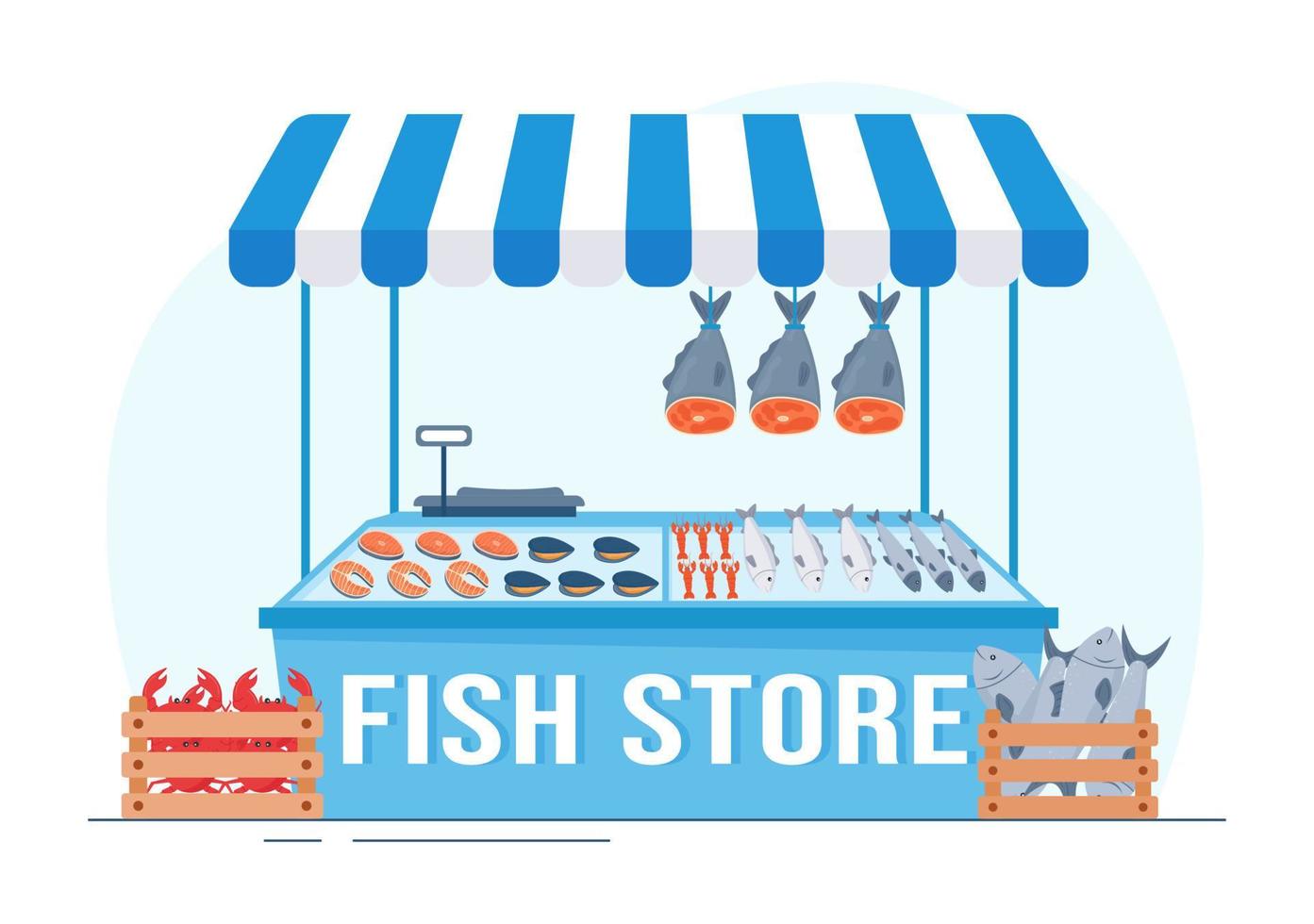 Fish Store to Market Various Fresh and Hygienic Products Seafood in Flat Cartoon Hand Drawn Templates Illustration vector