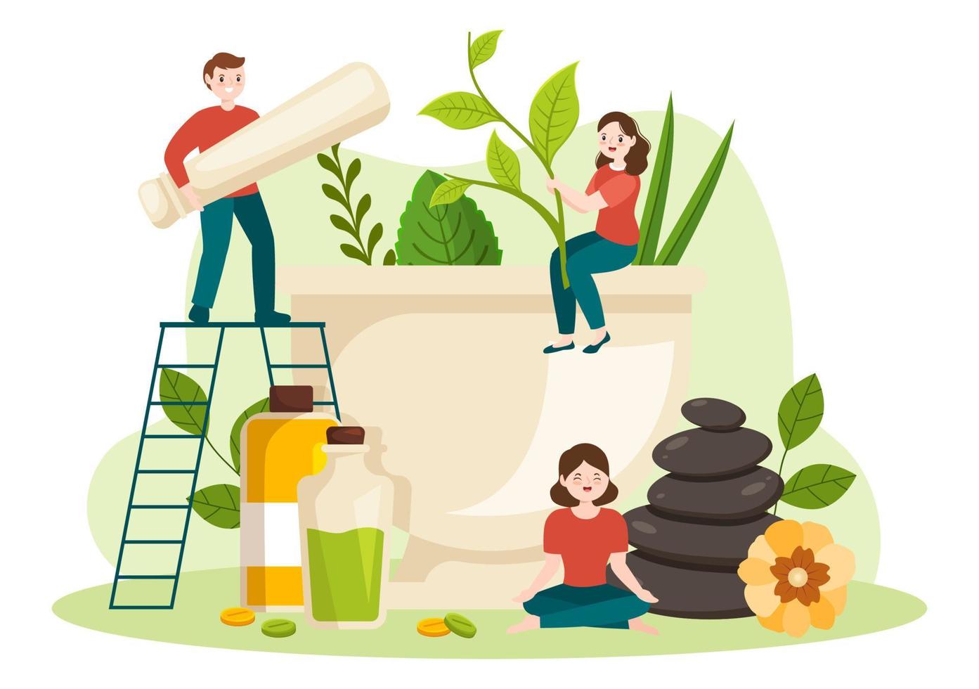 Alternative Medicine or Herbal Cure of Energy Therapies with Ginseng Root, Essential Oil and Seeds in Flat Cartoon Hand Drawn Templates Illustration vector