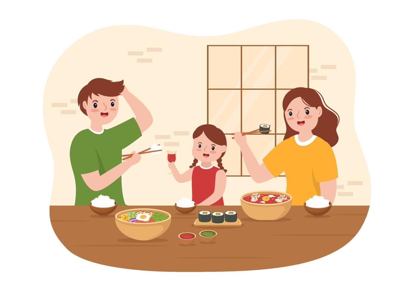 menú de comida coreana de varios platos de cocina tradicional o nacional delicioso con familia y niño en ilustración de plantillas dibujadas a mano de dibujos animados planos vector