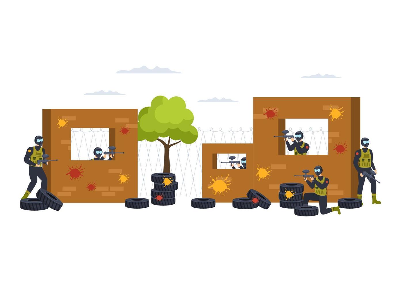 People Playing Paintball of Fighter Player Shooting with Gun Shoot, Aim, Attack in Field Scene in Flat Cartoon Hand Drawn Template Illustration vector