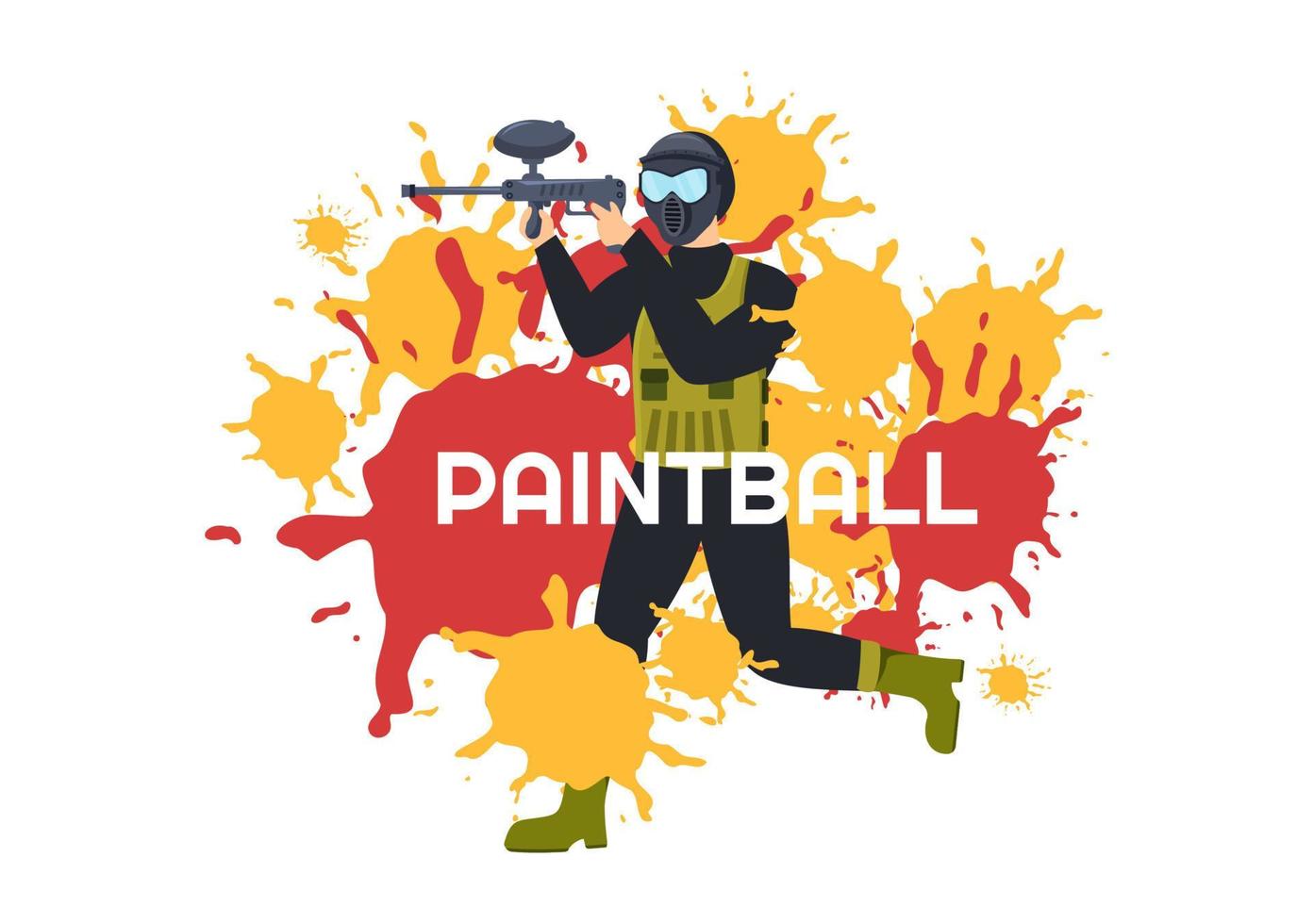 gente jugando paintball de un jugador de combate disparando con un arma, apuntando, atacando en la escena del campo en una caricatura plana dibujada a mano ilustración de plantilla vector