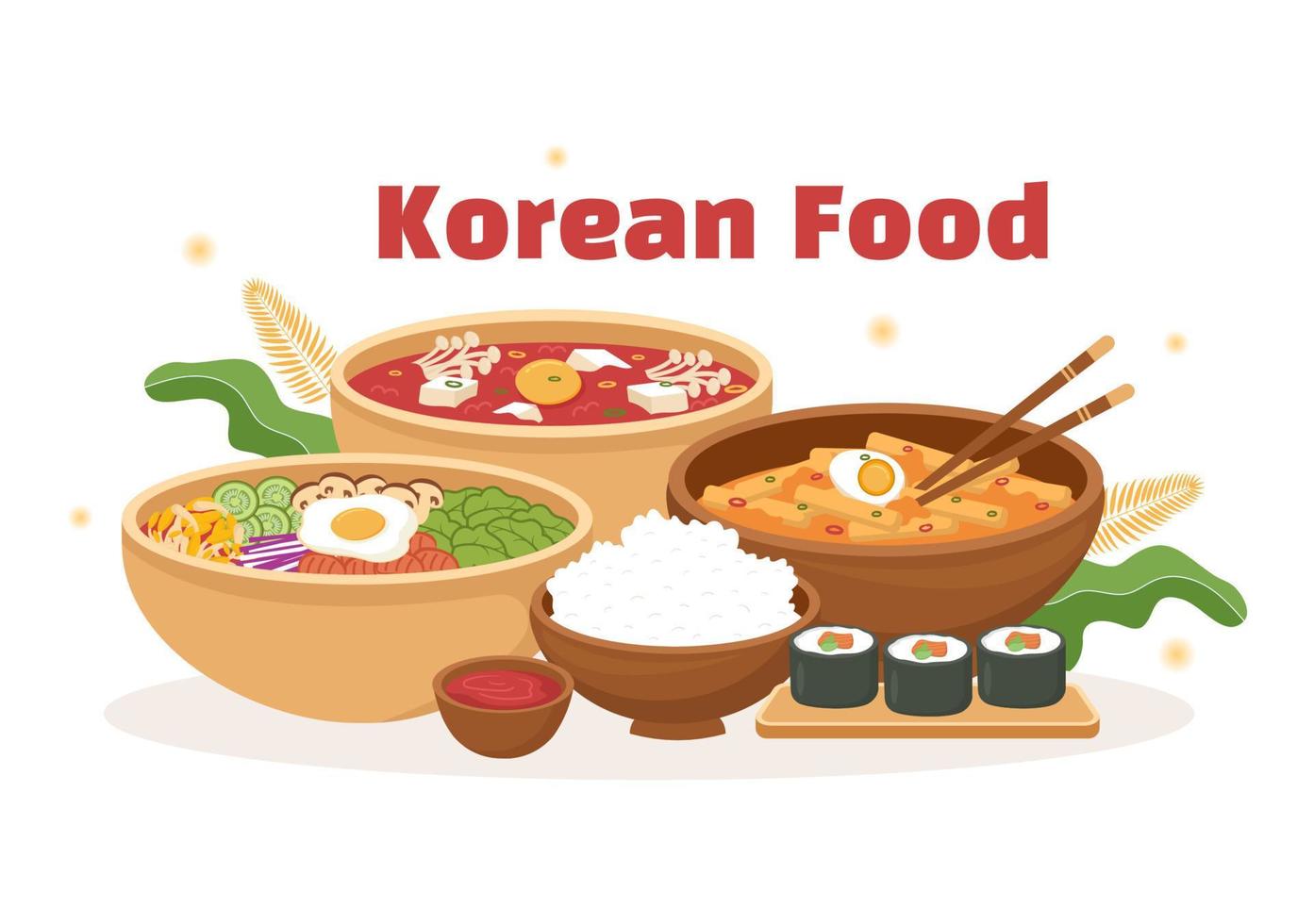 Korean Food Set Menu of Various Traditional or National Delicious Cuisine Dish in Flat Cartoon Hand Drawn Templates Illustration vector