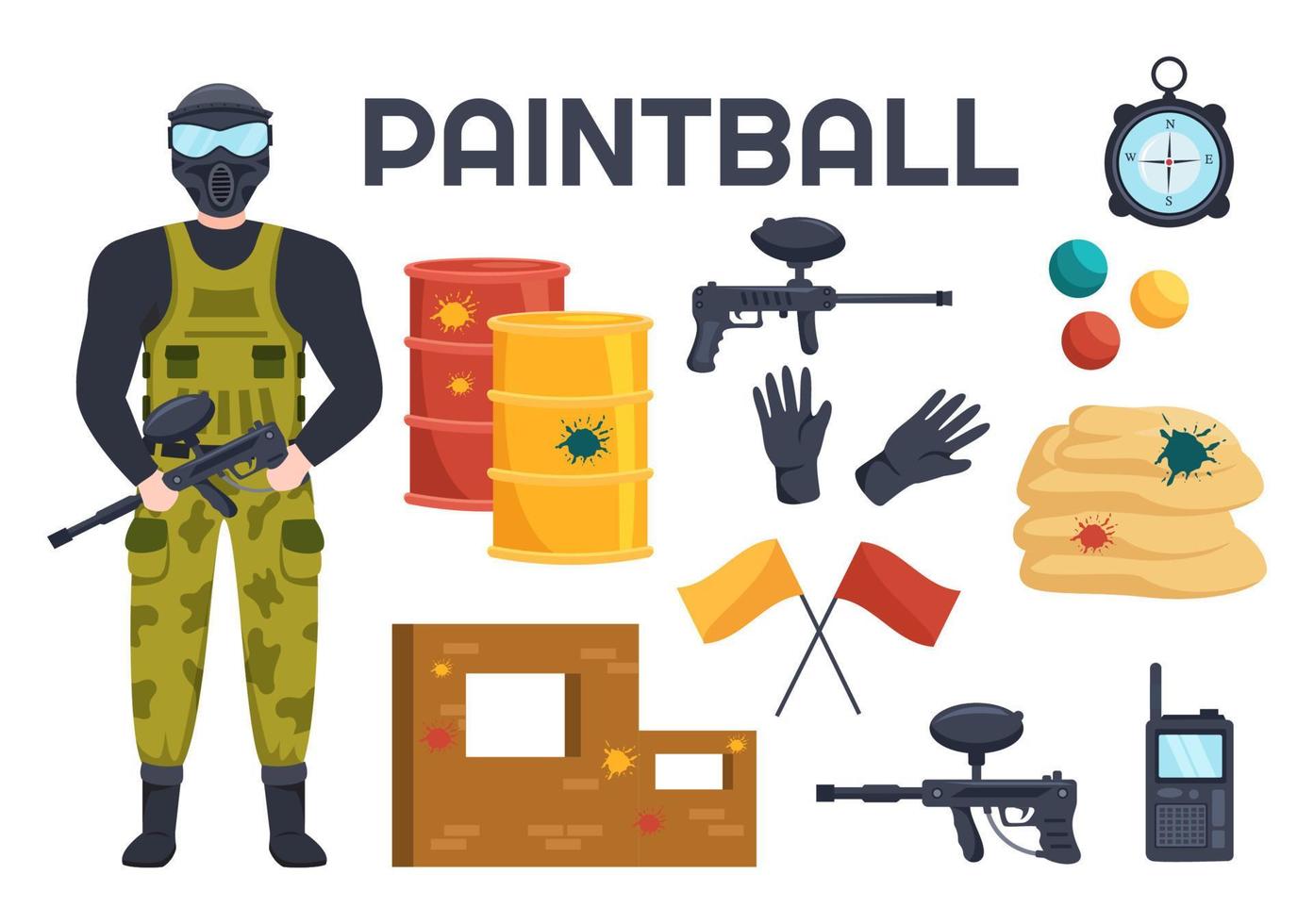 gente jugando paintball de un jugador de combate disparando con un arma, apuntando, atacando en la escena del campo en una caricatura plana dibujada a mano ilustración de plantilla vector