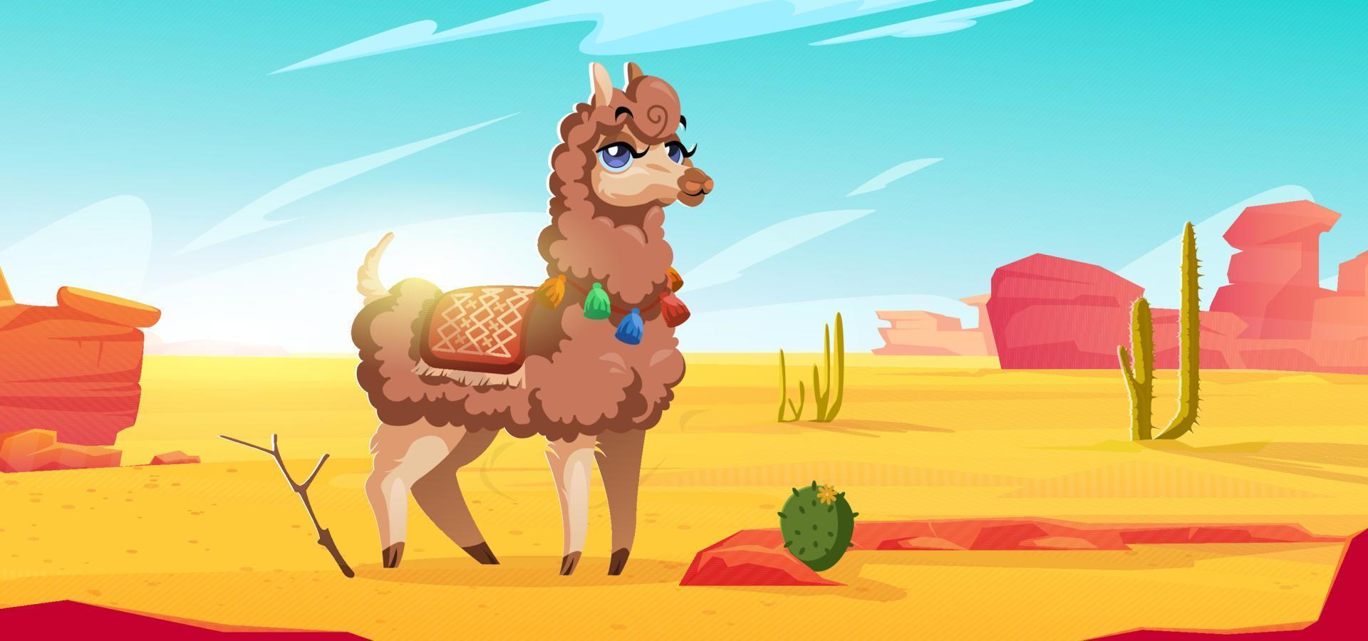 linda alpaca en el desierto mexicano con cactus vector