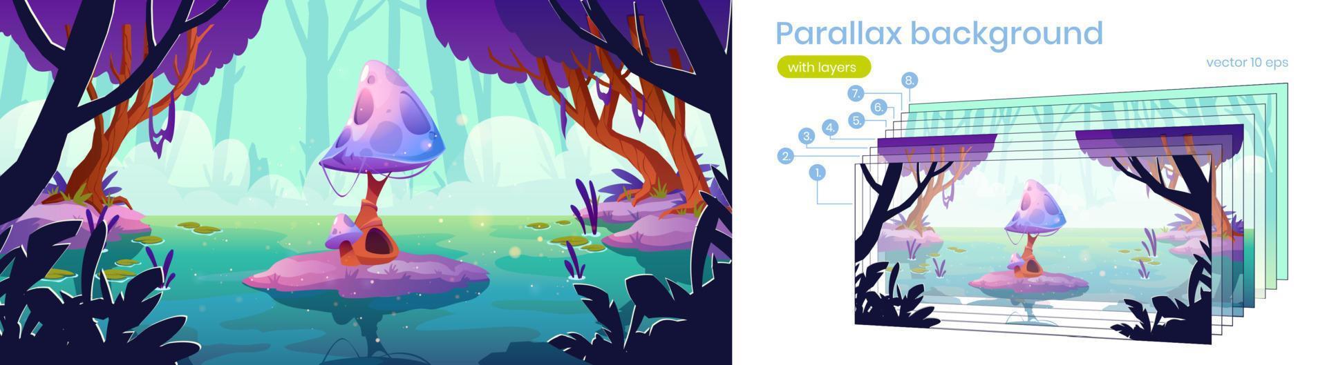 Parallax background for fantasy game with mushroom vector