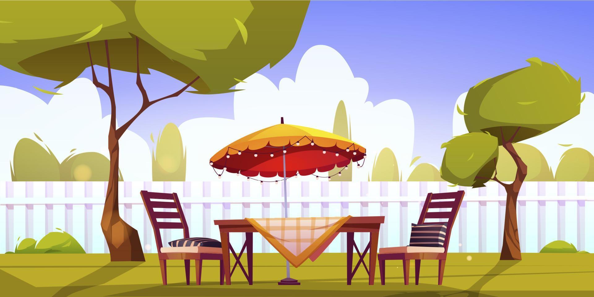 Backyard with fence, table, chairs, umbrella vector