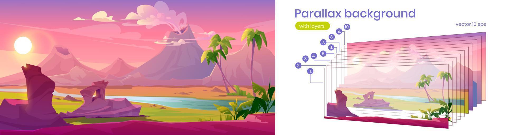 Parallax background with landscape with volcano vector
