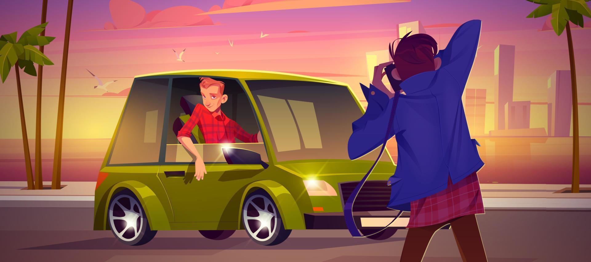 hombre con cámara toma una foto del conductor en el auto vector